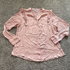 Express Blush Pink Button-Front Ruffle-Trim Blouse